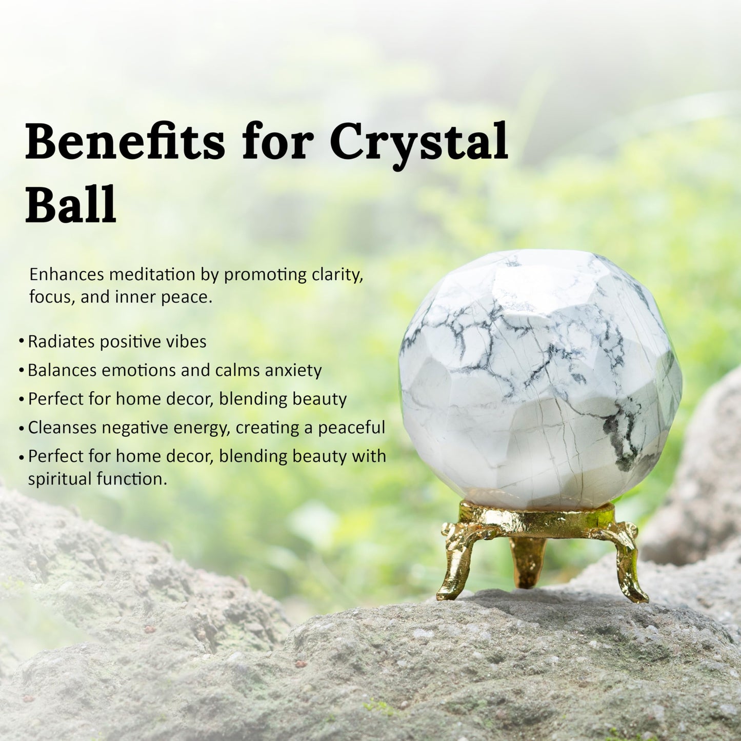Crocon 45mm Howlite Diamond Cut Stone Sphere Ball with Metal Stand 1400+ Carats Gemstone Ball Healing Ornament Rock Sphere Sculpture Figurine for Fengshui Divination Crystal Home Decor Photography