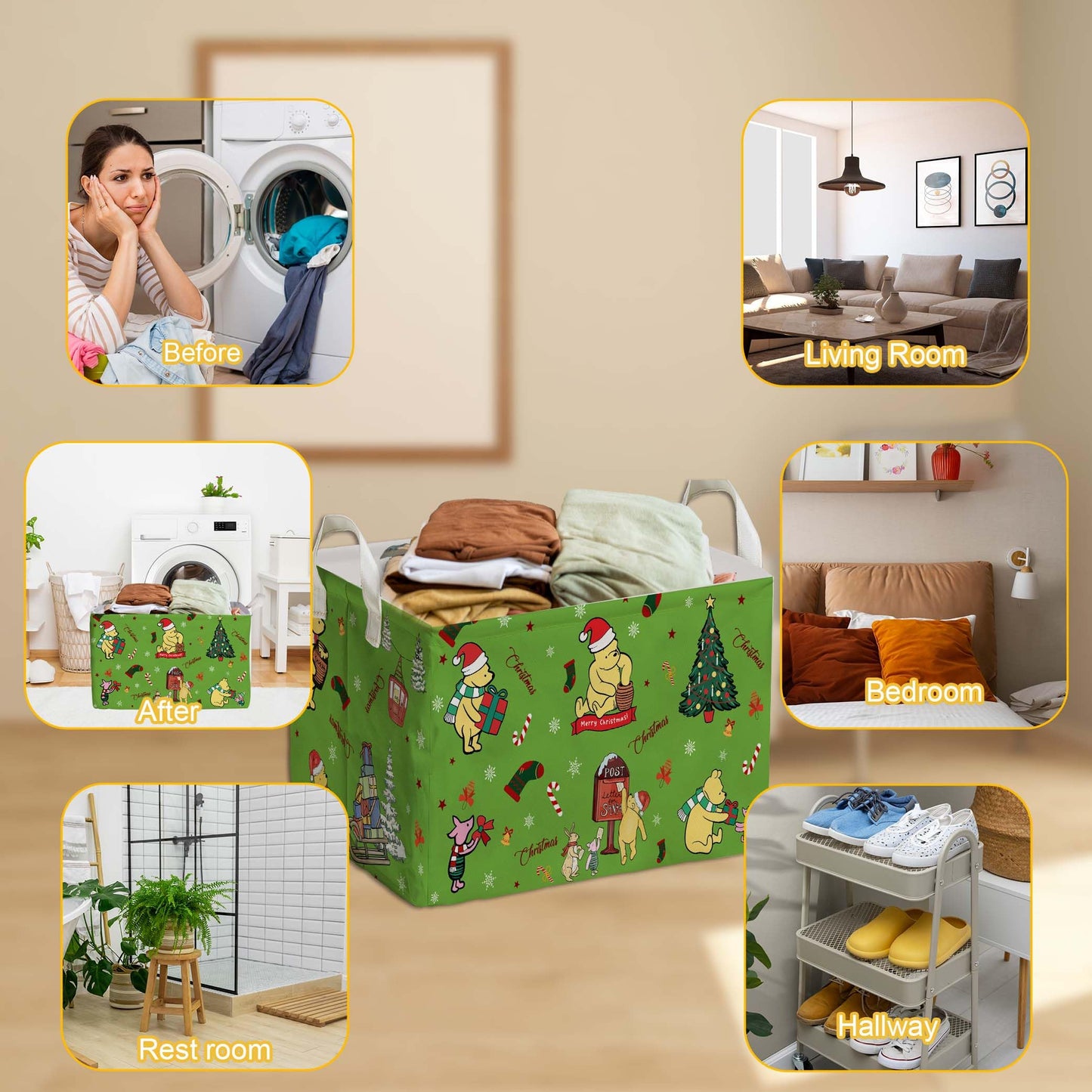 ZsaTuiy Winnie Theme Christmas Baskets Decor,the Pooh Baby Stuff, Large Square Canvas Baby Laundry Hamper with A Waterproof PE Coating,Foldable Storage Bin for Toys and Clothes