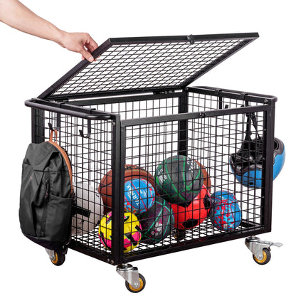 MyGift Black Metal Rolling Sports Ball Storage Cart for Playground, Dodge Ball, Basketball, Soccer Ball Gym Basket Equipment Cart with Lockable Latch, Caster Wheels and 4 Hooks