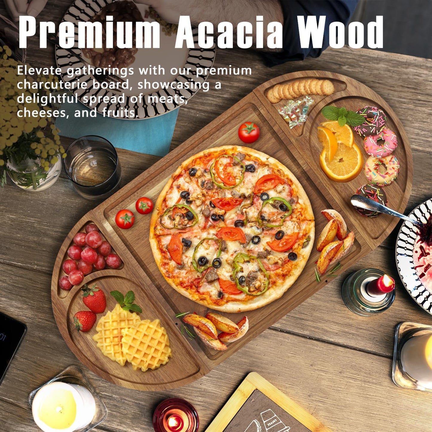Extra Large Magnetic Charcuterie Board Cheese Board Gift Set 3 Part Square & Round & Heart Shaped Charcuterie Cheese Boards Wooden Tray Serving Board Platter for Valentine (Acacia-Wood)