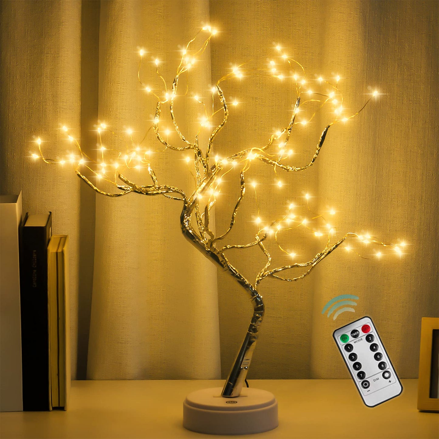 PXBNIUYA 108 LED Sparkly Fairy Tree Lamp, Warm White, Remote Control, USB/Battery, 8 Modes, DIY Bonsai Decor, Festival Decoration Light