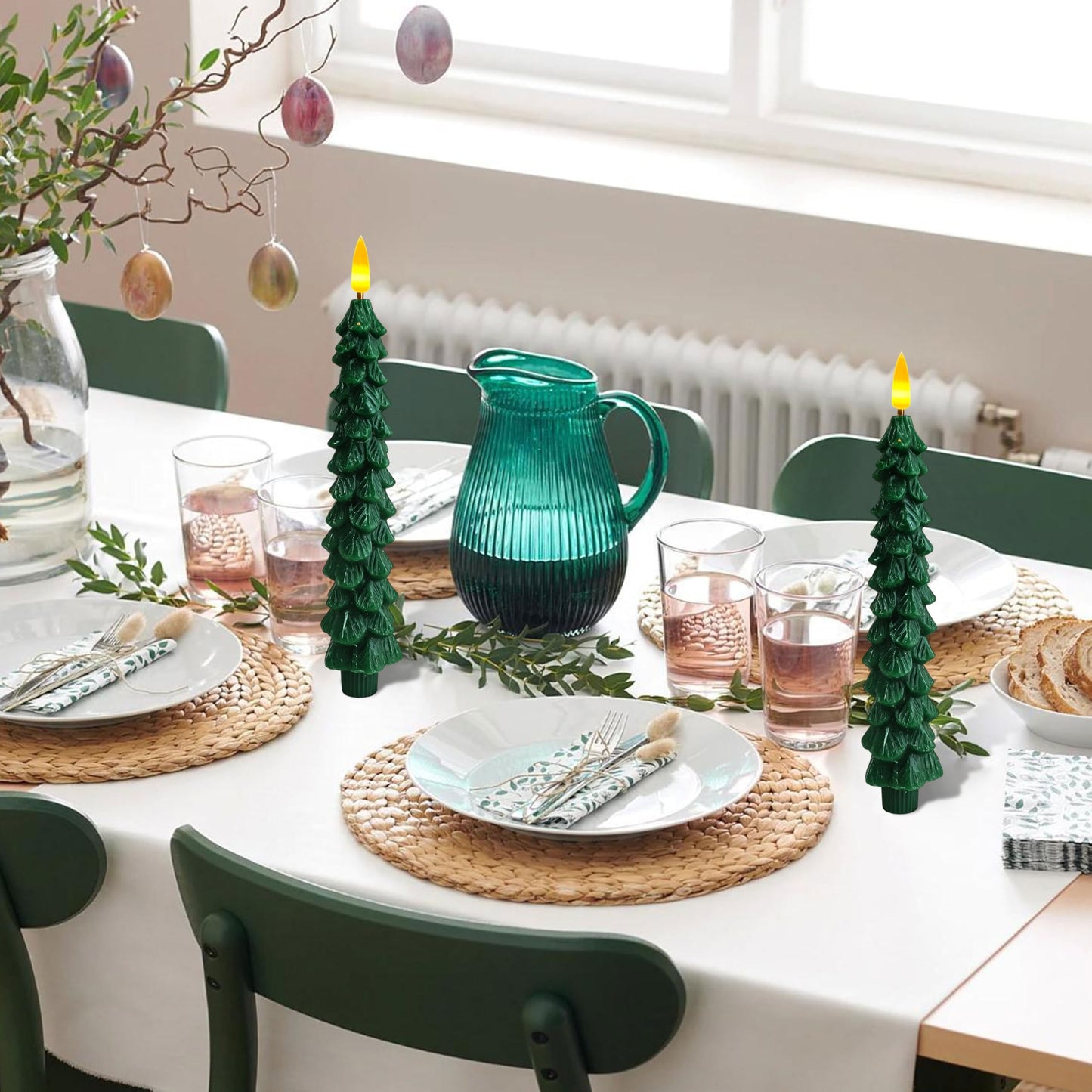 2 Pcs Christmas Tree Flameless Taper Candles with Timer Battery Operated Taper Candles Realistic Flickering Green LED Candle Tall ElectricTaper Candlesticks fo All-Season Decor festival Wedding Party