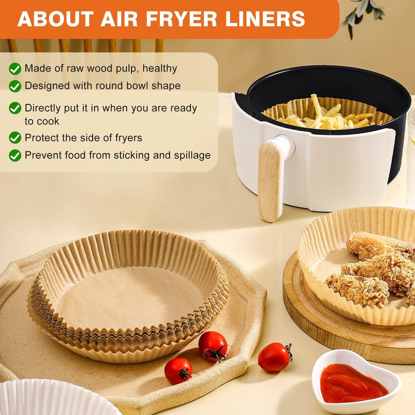 Air Fryer Paper Liners, 125Pcs Parchment Paper, Air Fryer Liners Disposable for Microwave, Non-Stick Air Fryer Liner Square Free of Bleach (8IN)