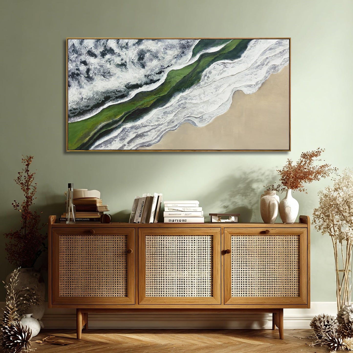 Sage Green Wall Art Abstract White Green Beach Wave Wall Decor Framed Canvas Prints Posters Pictures Artwork 24"x48" Ready to Hang