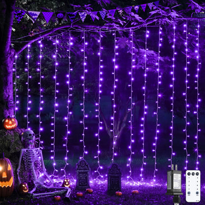 JMEXSUSS 300LED Purple Halloween Lights with Remote, 9.8x9.8ft Curtain Lights Plug in, 8 Modes Hanging String Lights for Indoor, Outdoor, Bedroom, Window, Party, Backdrop, Xmas, Halloween Decorations
