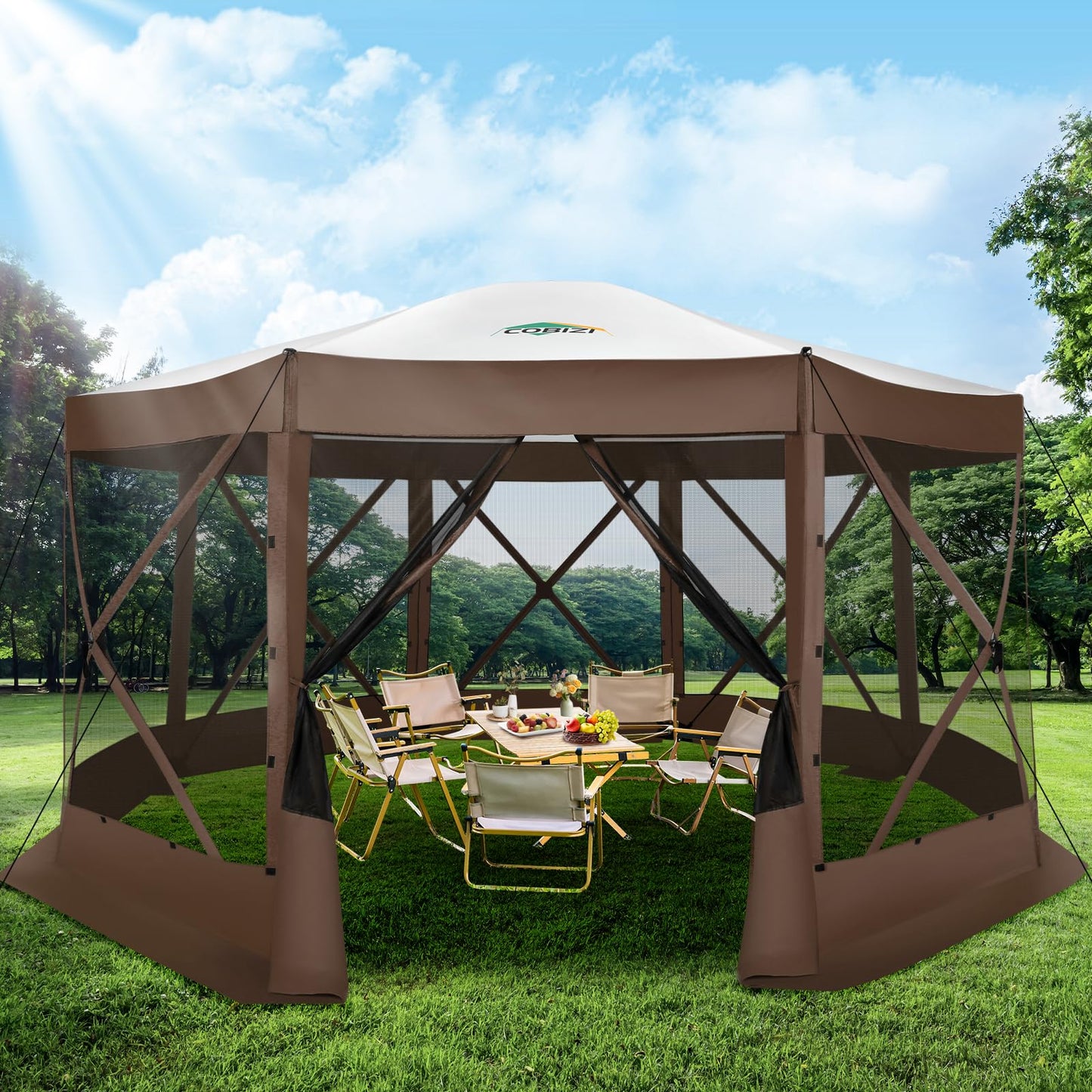 COBIZI Pop Up Gazebo Screen Tent Screen House for Camping, 15x15 Screen Room with Mosquito Netting, Hub Tent Instant Screened Canopy with Carrying Bag and Ground Stakes, Brown