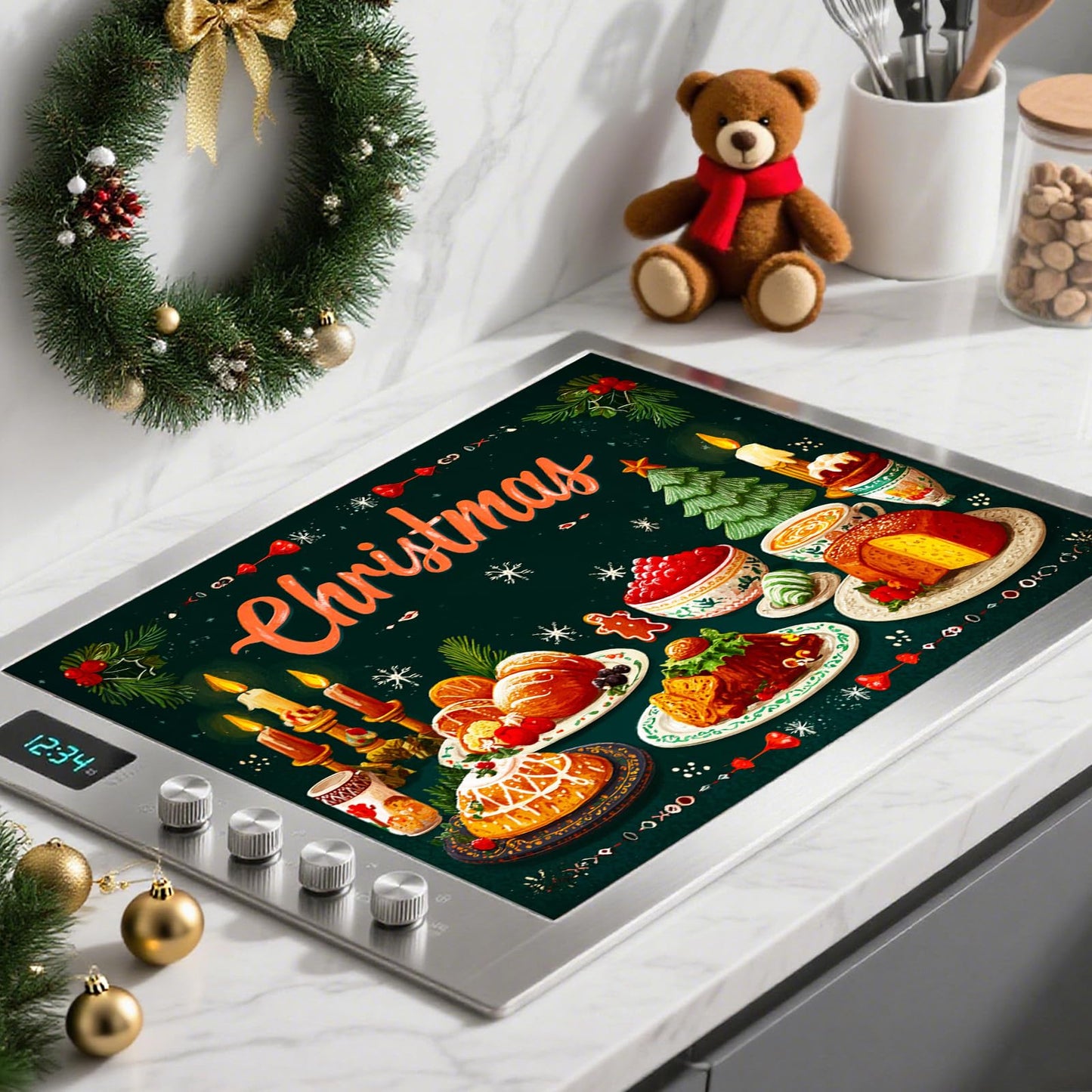 Nuxovilar Christmas Stove Top Cover 28.35×20.47 Inch – Christmas Feast Illustration for Holiday Kitchen Decor – Festive Stove Burner Cover, Polyester & Diatom Mud Blend