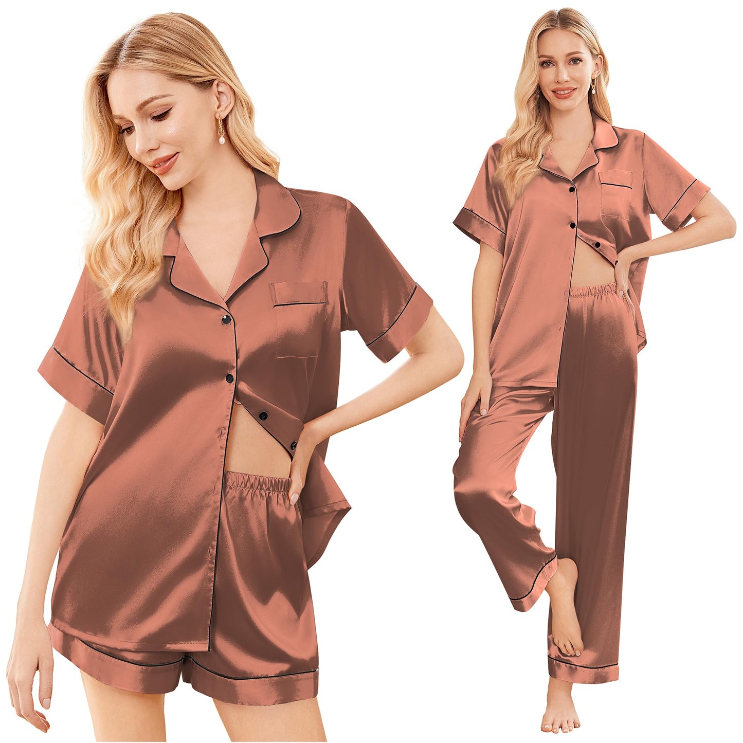 Ekouaer Silk Pajamas for Women Set Satin Pjs Soft Short Sleeve Button Down Sleepwear 3 Piece Loungewear S-XXL