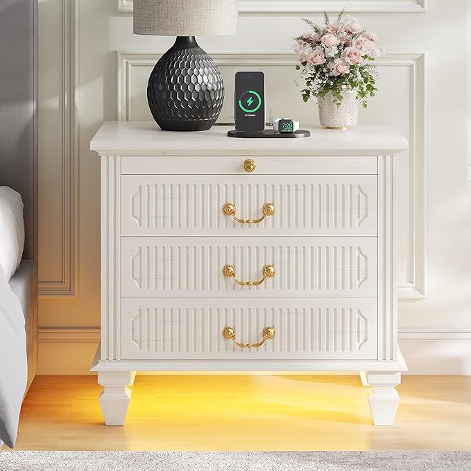 25.6'' Wide Bedside Table with 3 Drawers & Pull-out Tray, Smart Night Stand