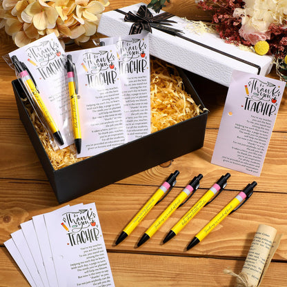 Sayglossy Teacher Appreciation Gifts Bulk Thank You Teacher Ballpoint Pens Cards and Bags Ties Small Inspirational End of School Gifts for Graduation Classroom Supplies(12 Sets)