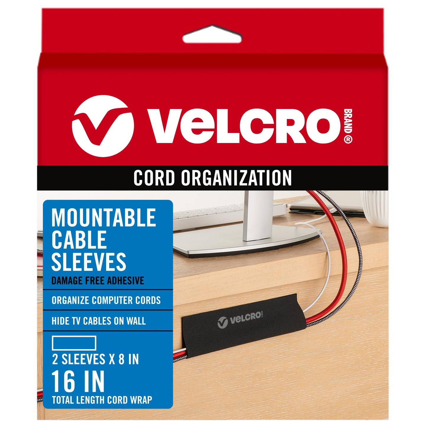 VELCRO Brand Mountable Cable Sleeve | Cord Management Mounts on Walls, Desk or Entertainment Center | Removable Adhesive is Damage Free | 8in Black, 2pk, 8in - 2Pk
