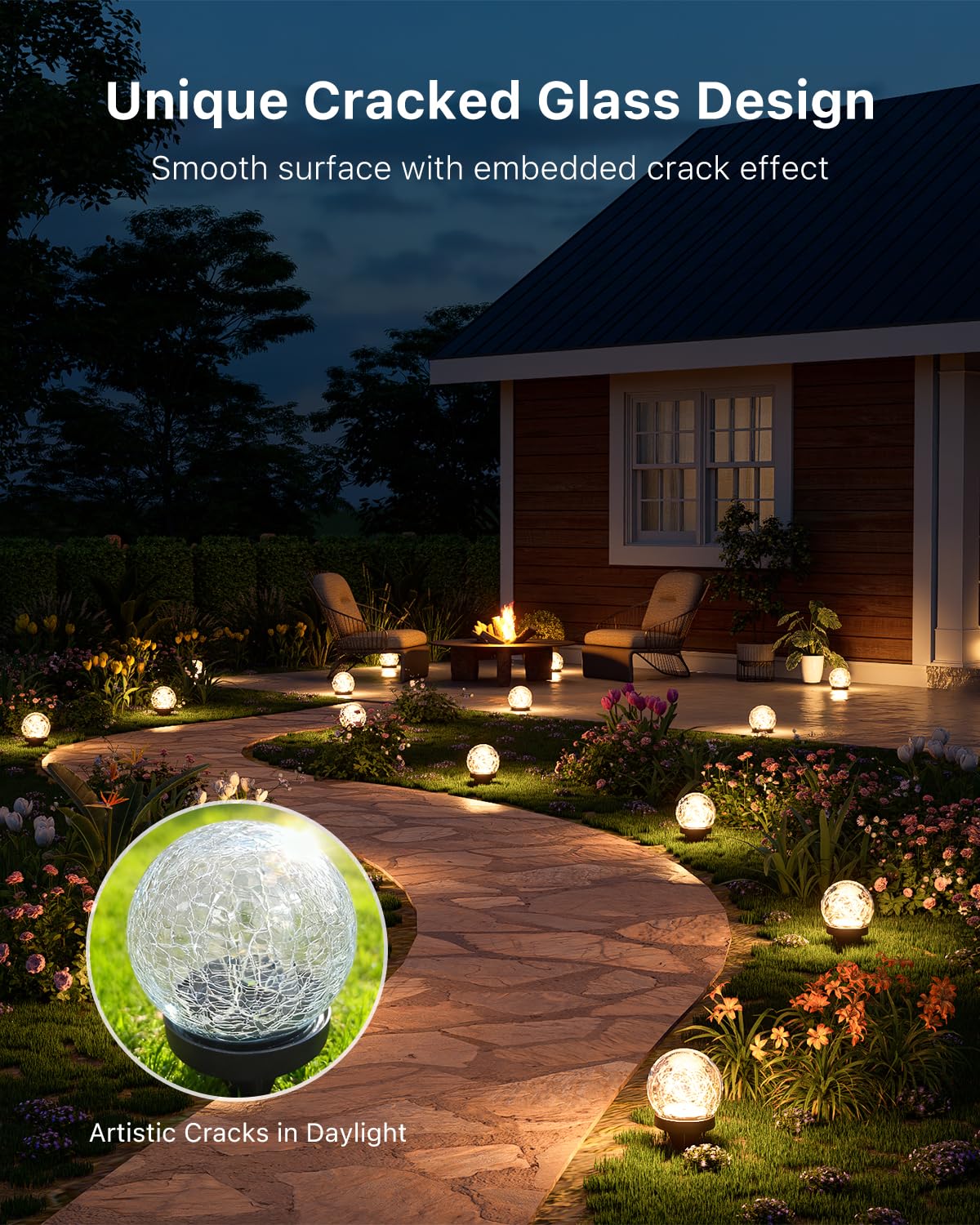 4 Pack Solar Powered Cracked Glass Globe LED Lights Outdoor Waterproof Decorative Table Ball Lamps for Outside Garden, Patio, Yard, Deck, Pathway, Backyard Decoration Easy to Install (Warm White)