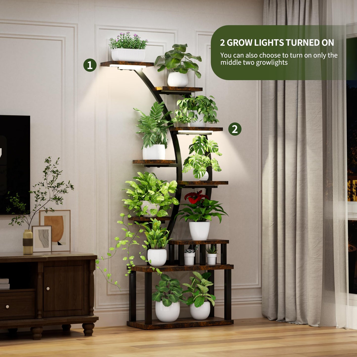 9-Tier Indoor Plant Stand , 63.6" Tall Plant Stand with 5 Grow Lights for Lush Greenery, Adjustable Lighting Modes, 10-Level Dimming & 3 Timer Settings, Energy-Efficient, Perfect for Plant Growth (9-Tiered 63.6" Tall)