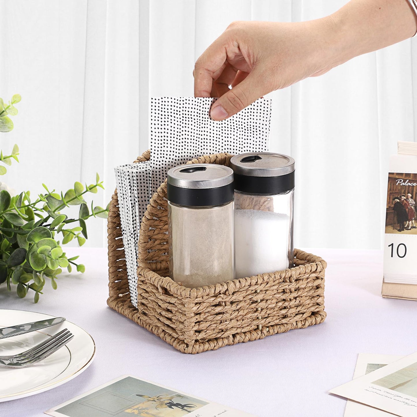Sumnacon Wicker Napkin Holders with Salt and Pepper Shakers Caddy, Standing Napkin Dispenser with Condiment Tray, Farmhouse Upright Napkin Basket for Kitchen Dining Table Centerpiece (No Shakers)