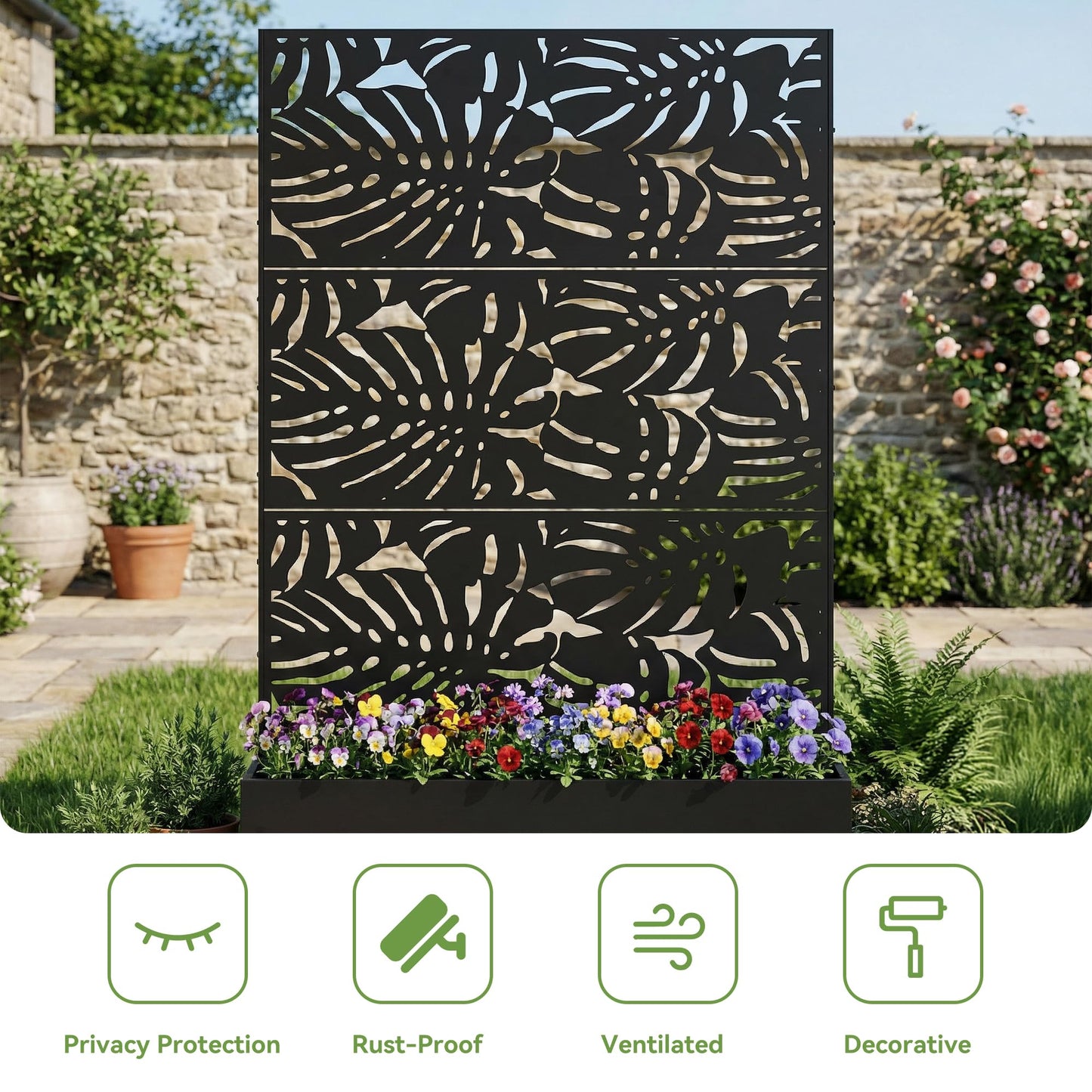 Qatiby Metal Raised Garden Bed with Trellis and Wheels, 71"x47"x16" Planter Box with Privacy Screen & Drainage Holes, Mobile Outdoor Garden Bed for Climbing Plants, Vegetables, Flowers (Black-Summer)