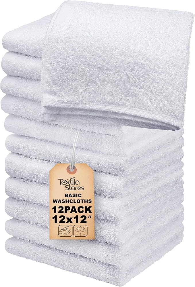 Basic Wash Cloths 12x12 Inches – Pack of 12 – White Color – Soft and Absorbent