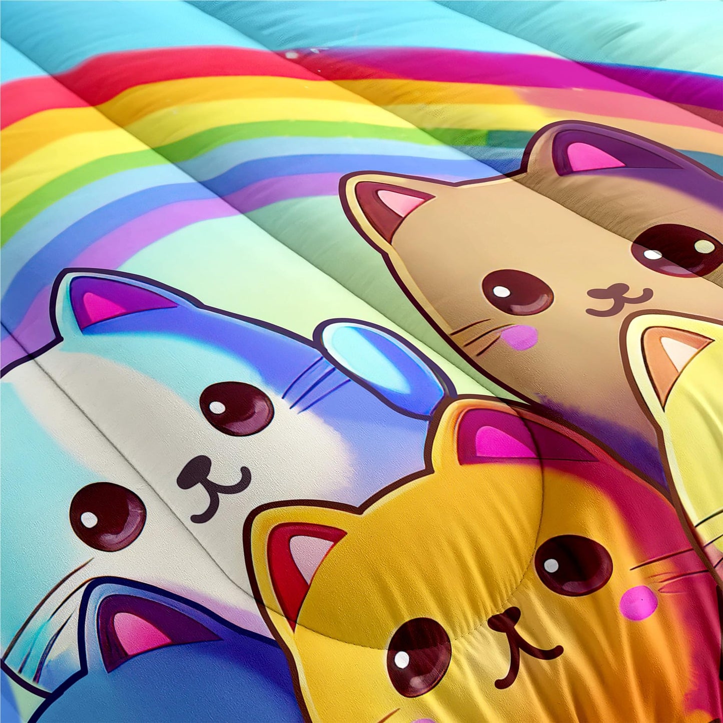 Jiospet Rainbow Cat Comforter Full Size - Rainbow Cat Bedding for Girls Room Cute Cartoon Rainbow Bedding Full Comforter Sets for Kids, 1 Comforter+2 Pillowcases