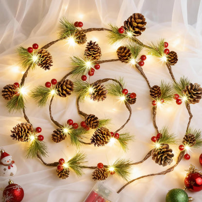 Christmas Pine Cones String Lights Battery Operated,6.6ft 20 LED Pinecone Fairy String Lights with Red Berry,Decor Lights for Indoor Fall Christmas Tree Garland Mantel Table Decoration (Warm White)
