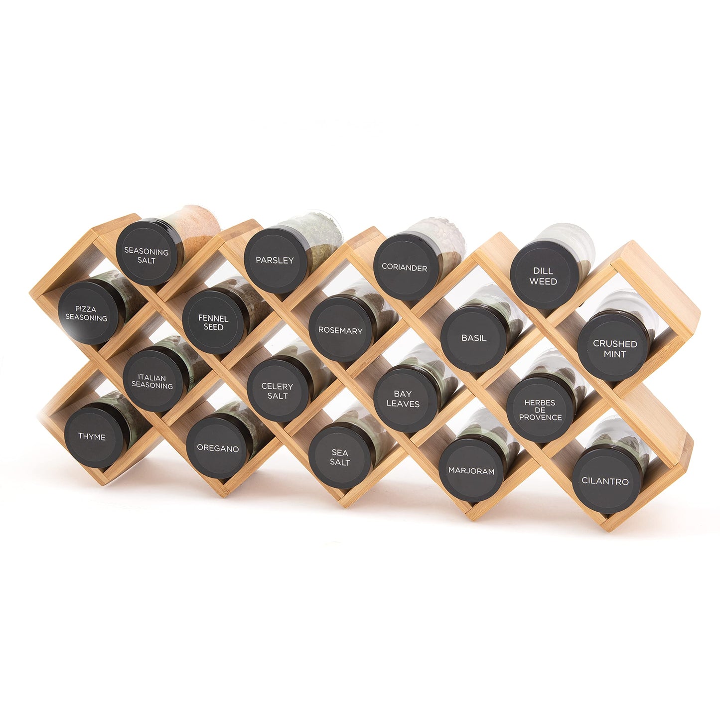Kamenstein Criss Cross 18 Jar Bamboo Spice Rack with Spices Included - Countertop, Drawer, or Wall Mount Organizer with Refill Program