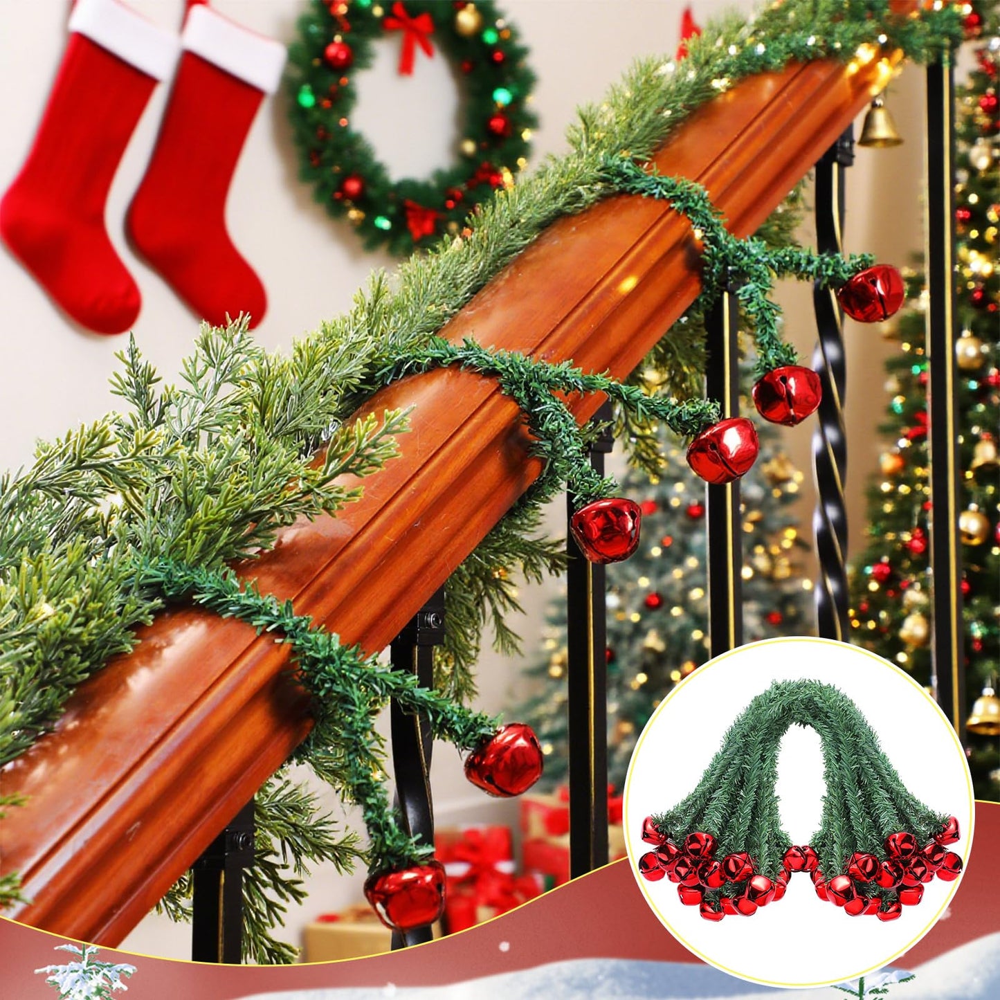 Motionchic 25 Pcs 20 Inches Christmas Garland Ties with Bells Decorative Twist Ties Garland Hanger for Banister Stairs Railing Reusable Flexible Twist for Xmas Holiday Decorations (Red)