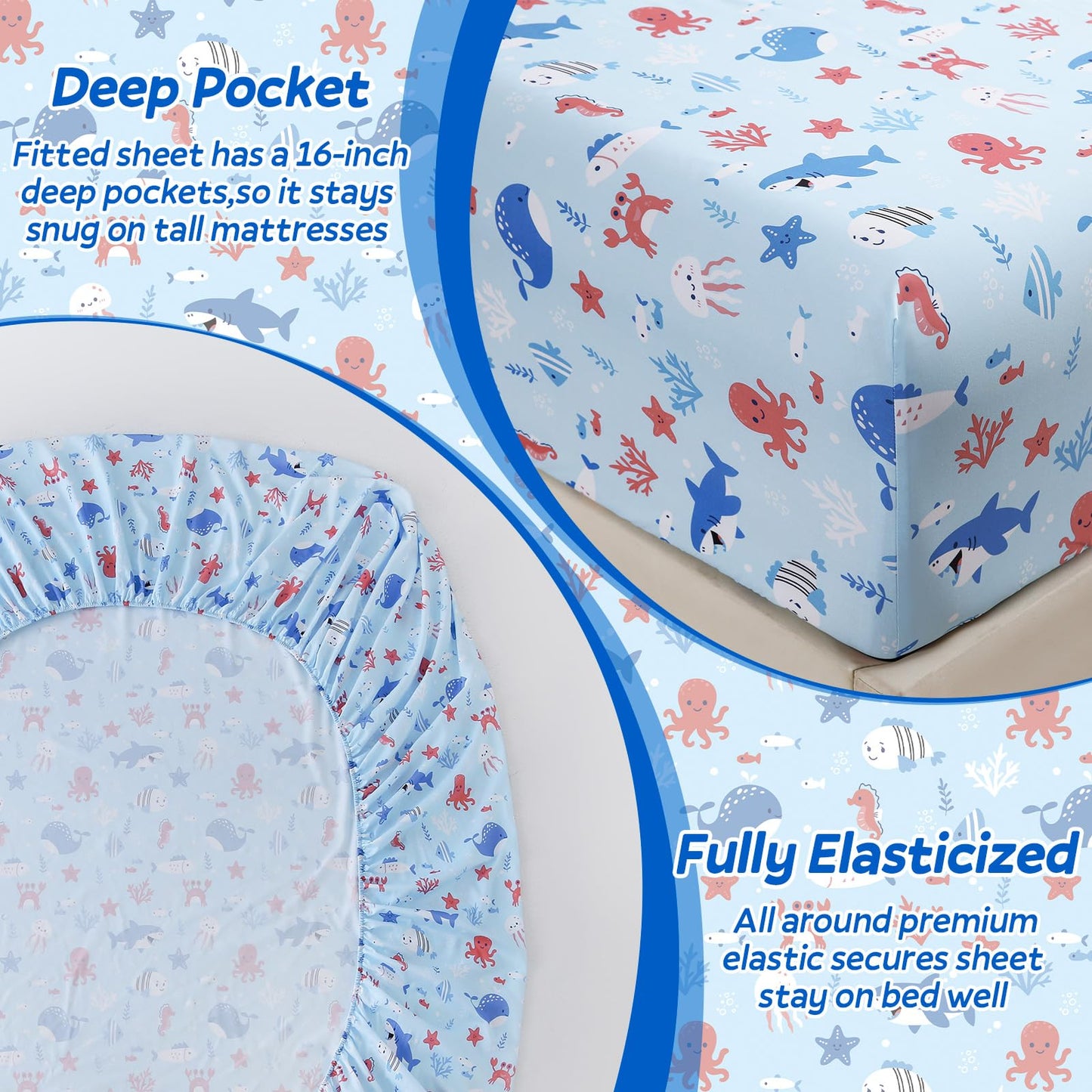 ChicView Twin Sheet Set Kids,3 Pieces Breathable Soft Microfiber Bedsheets for Child Boys Girls, Anti Pilling Deep Pockets Easy Care Bed Sheets, Ocean Animals
