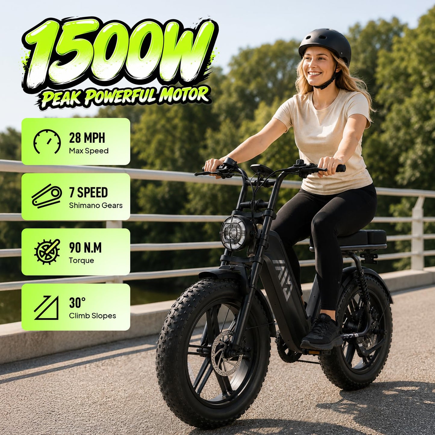 TST Electric Bike for Adults 1500W, 48V 15AH Removable Battery Step-Thru Ebike, 20" x 4.0" Fat Tire Electric Bicycle with Dual Hydraulic Brakes, Dual Suspension, Passenger Seat and Foot Pegs