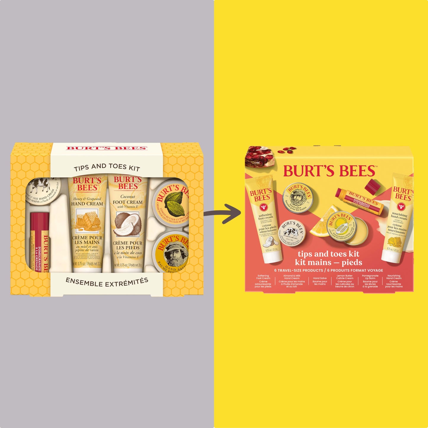 Burt's Bees Christmas Gifts - Tips and Toes Kit, 6 Travel Size Products for Stocking Stuffers - Pomegranate Moisturizing Lip Balm, 2 Hand Creams, Foot Cream, Cuticle Cream, and Hand Salve