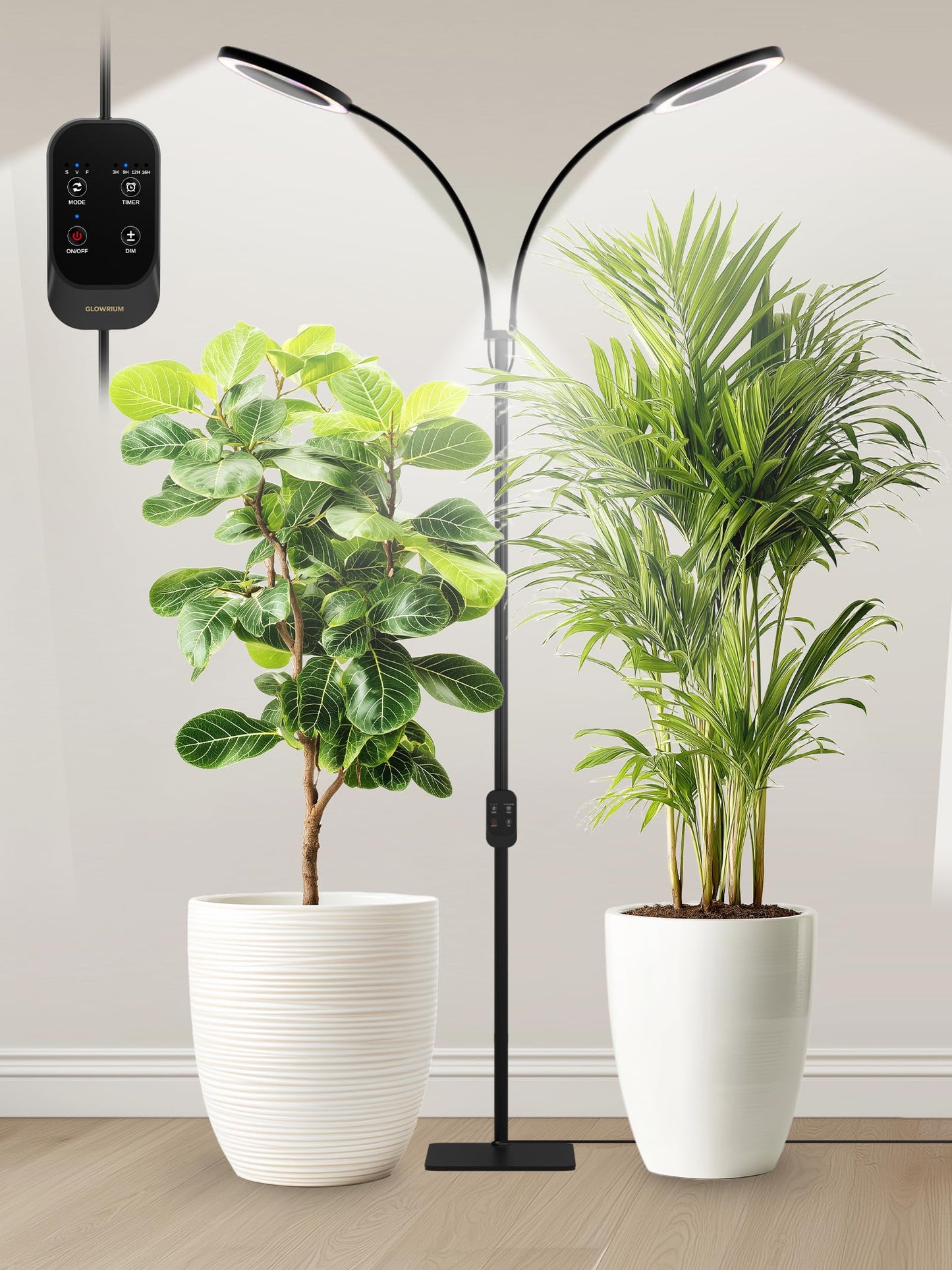 GLOWRIUM Grow Lights for Indoor Plants, Full Spectrum LED Grow Light, Stepless Dimming,3 Lighting Mode and Adjustable Height, Plant Light with 3/9/12/16H Timer (Black, 48W)