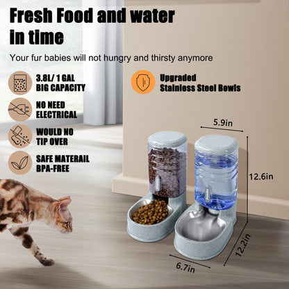 Stainless Steel Automatic Pet Feeder for Small&Medium Pets Automatic Food Feeder and Waterer Stainless Steel Bowls Set 3.8 L, Travel Supply Feeder and Water Dispenser for Dogs Cats Pets Animals