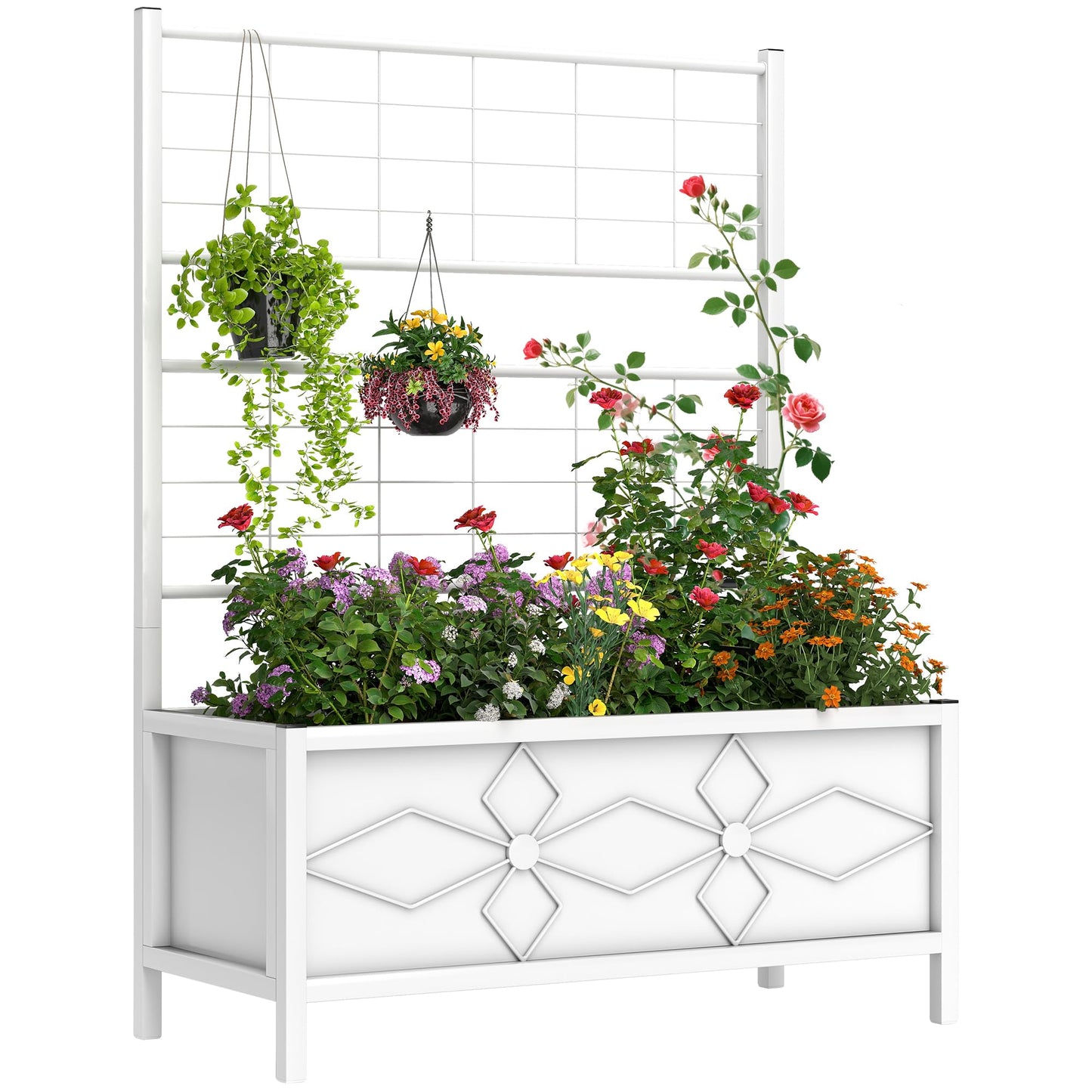 Outsunny Planter Box with Trellis, 35.4 x 15.7 x 47.2 inch Raised Garden Bed with Drainage Holes, Planters for Outdoor Plants, Vegetables, Flowers, Herbs, Trellis Planter, White
