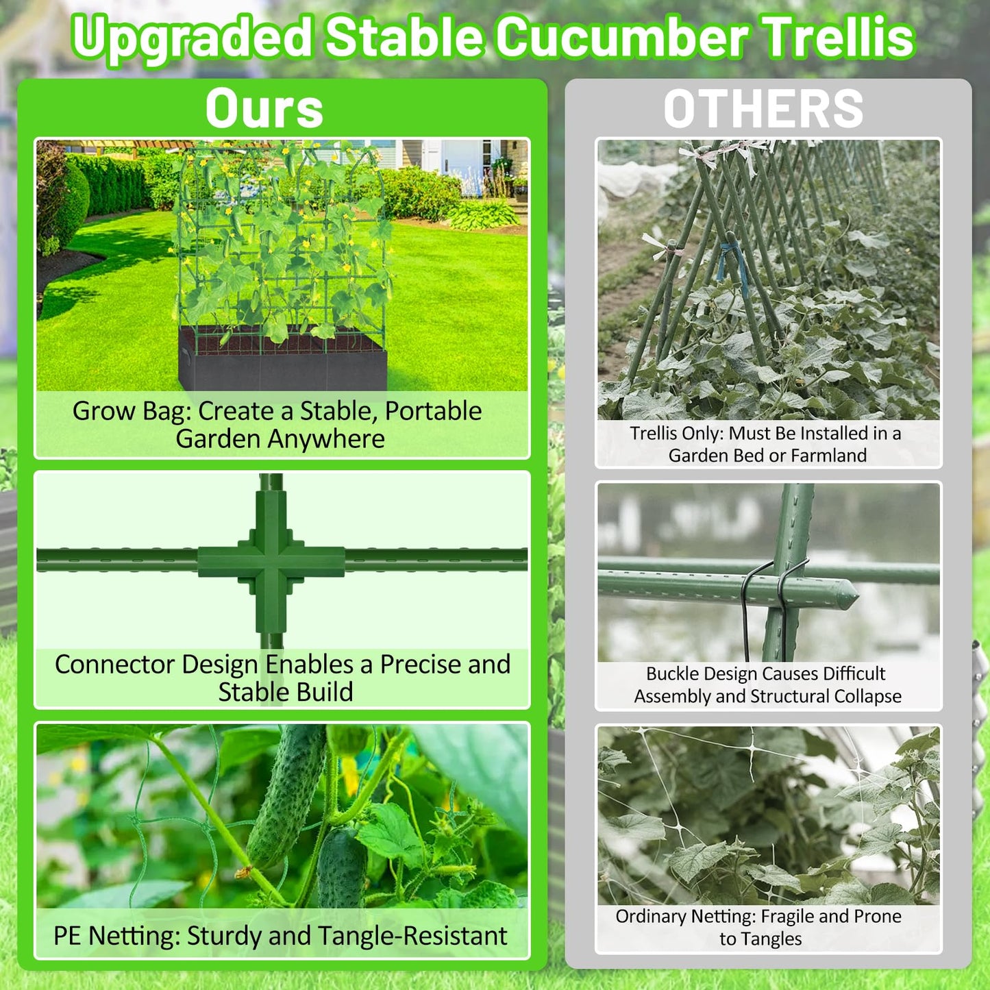 Sunwinx 50x65 Inch Cucumber Trellis for Raised Beds with Grow Bag, V-Frame Metal Plant Garden Trellis for Climbing Plants Outdoor with Climbing Net for Tomato Vegetable Grape Vine Bean Pea Squash