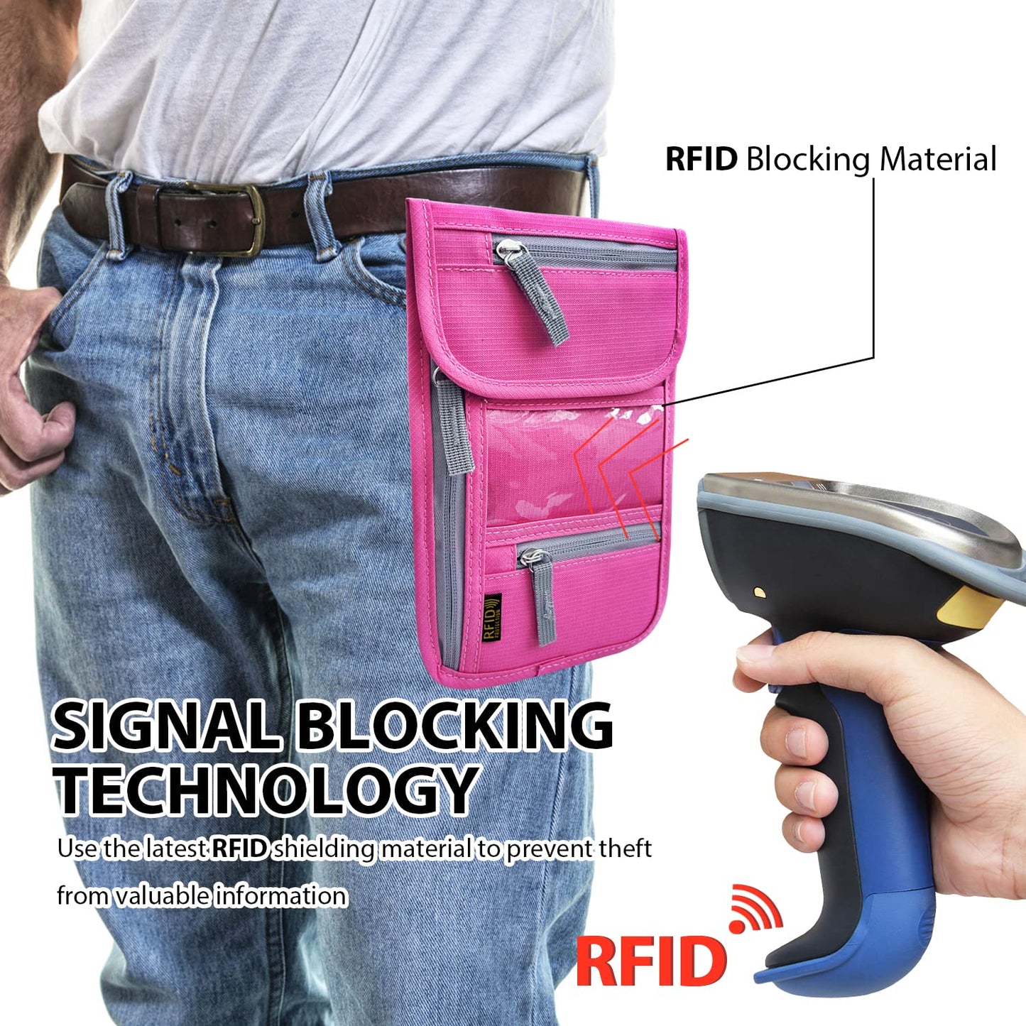 Travel Neck Wallet, RFID Blocking Passport Holder with Adjustable Neck Strap for Men and Women to Keep Cash, Credit Cards and Travel Documents Safe - Rose