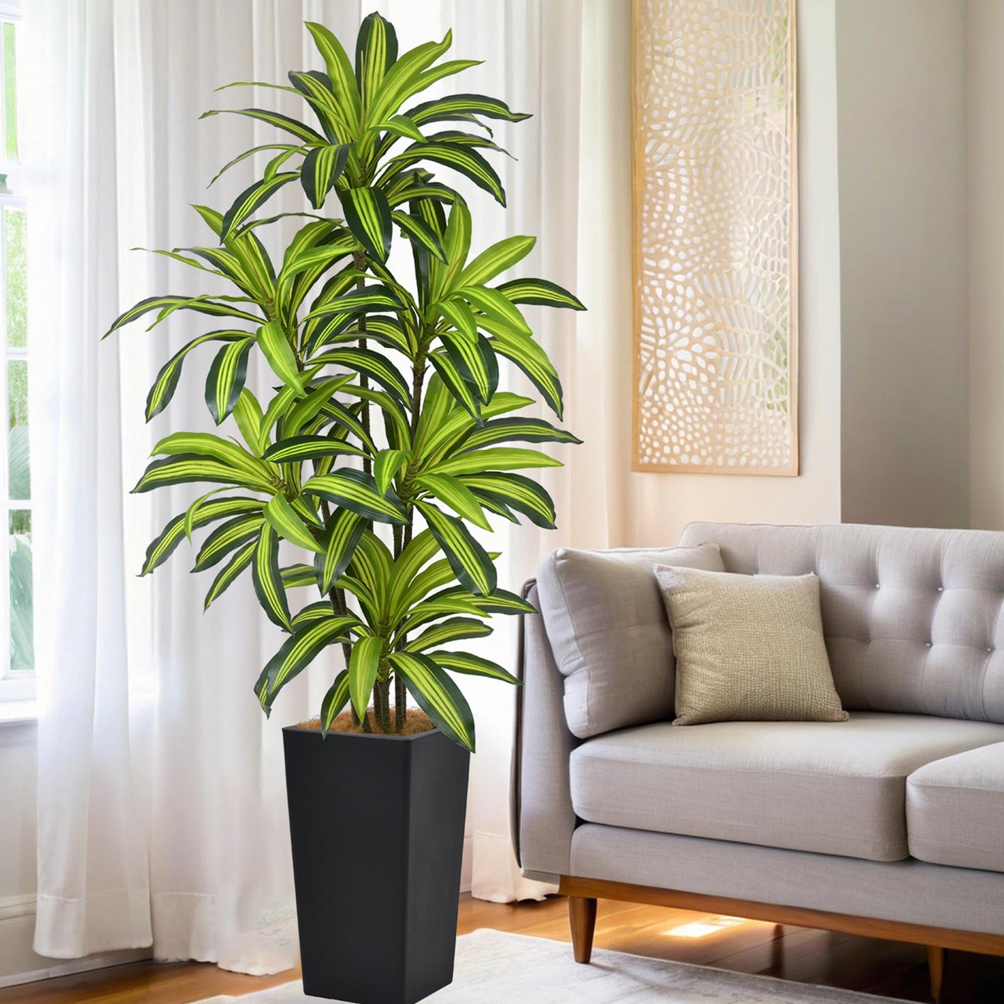 Artificial Dracaena Tree 6FT(72in) Tall Fake Silk Yucca Tree with Black Planter, Faux Floor Potted Artificial Plants for Home Office Living Room Indoor Decor (6feet,Tall Pot)