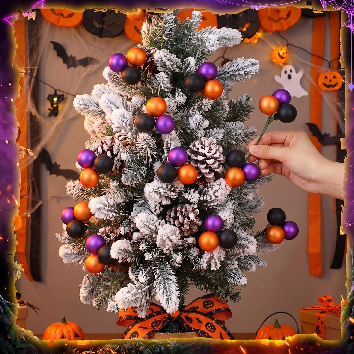 Syhood 12 Set 7.9 Inch Halloween Ball Picks Shatterproof Purple Orange and Black Mini Ball Ornaments on Wired Picks Stems for Halloween Christmas Tree Garland Vase DIY Decoration Supplies