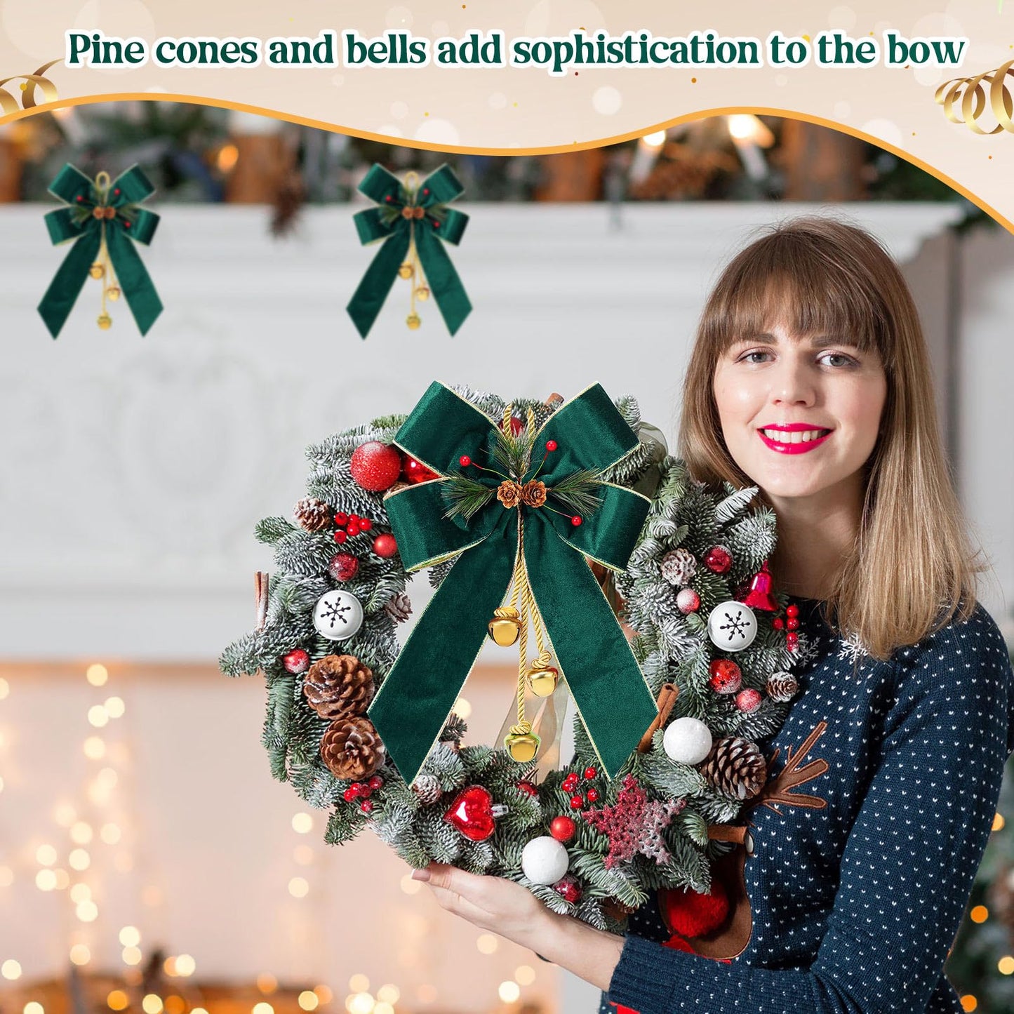 Yinkin 4 Pcs Christmas Tree Wreath Bow Christmas Ribbon Bows with Bells 11 x 7.8 in Velvet Pine Cone Bowknot Xmas Tree Hanging Ornaments Decor for Home Xmas Party Outdoor Indoor (Retro Green)