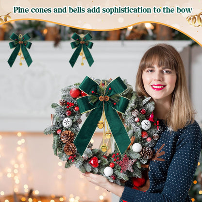Yinkin 4 Pcs Christmas Tree Wreath Bow Christmas Ribbon Bows with Bells 11 x 7.8 in Velvet Pine Cone Bowknot Xmas Tree Hanging Ornaments Decor for Home Xmas Party Outdoor Indoor (Retro Green)