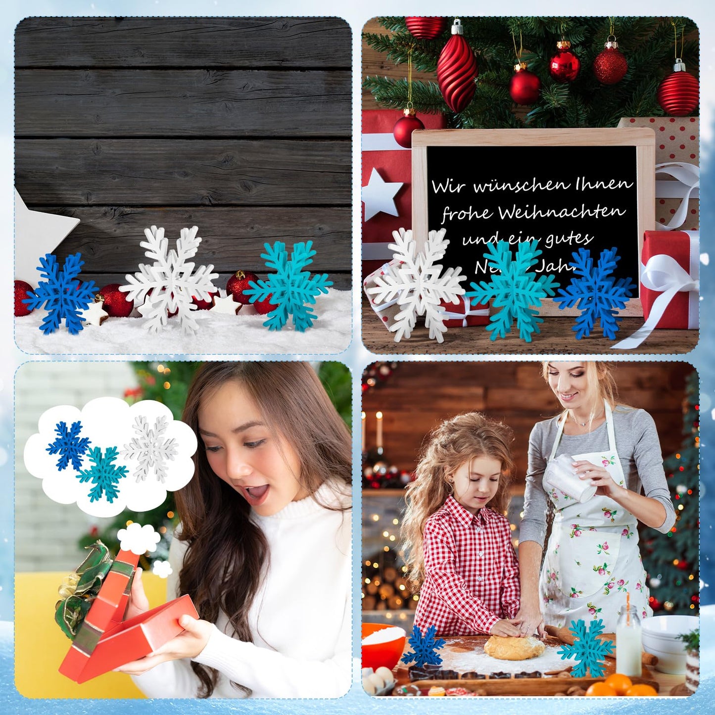Qunclay 20 Pcs Wooden Snowflake Decorations 3D Snowflake Tabletop Decor Winter Signs and Centerpiece for Winter Wonderland Decorations Xmas Tiered Tray Decor(Dark Blue, Light Blue, White)