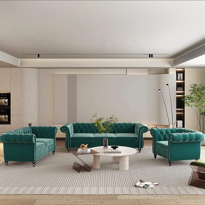 3 Piece Living Room Set, Velvet Chesterfield Sofa Loveseat Couch Chair