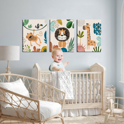 AKWISH Safari Jungle Nursery Wall Decor Set of 3 - Framed Animal Canvas Wall Art for Baby Room, Toddler Boy or Girl Bedroom, Cute Safari Themed Baby Nursery Decor 12x16in