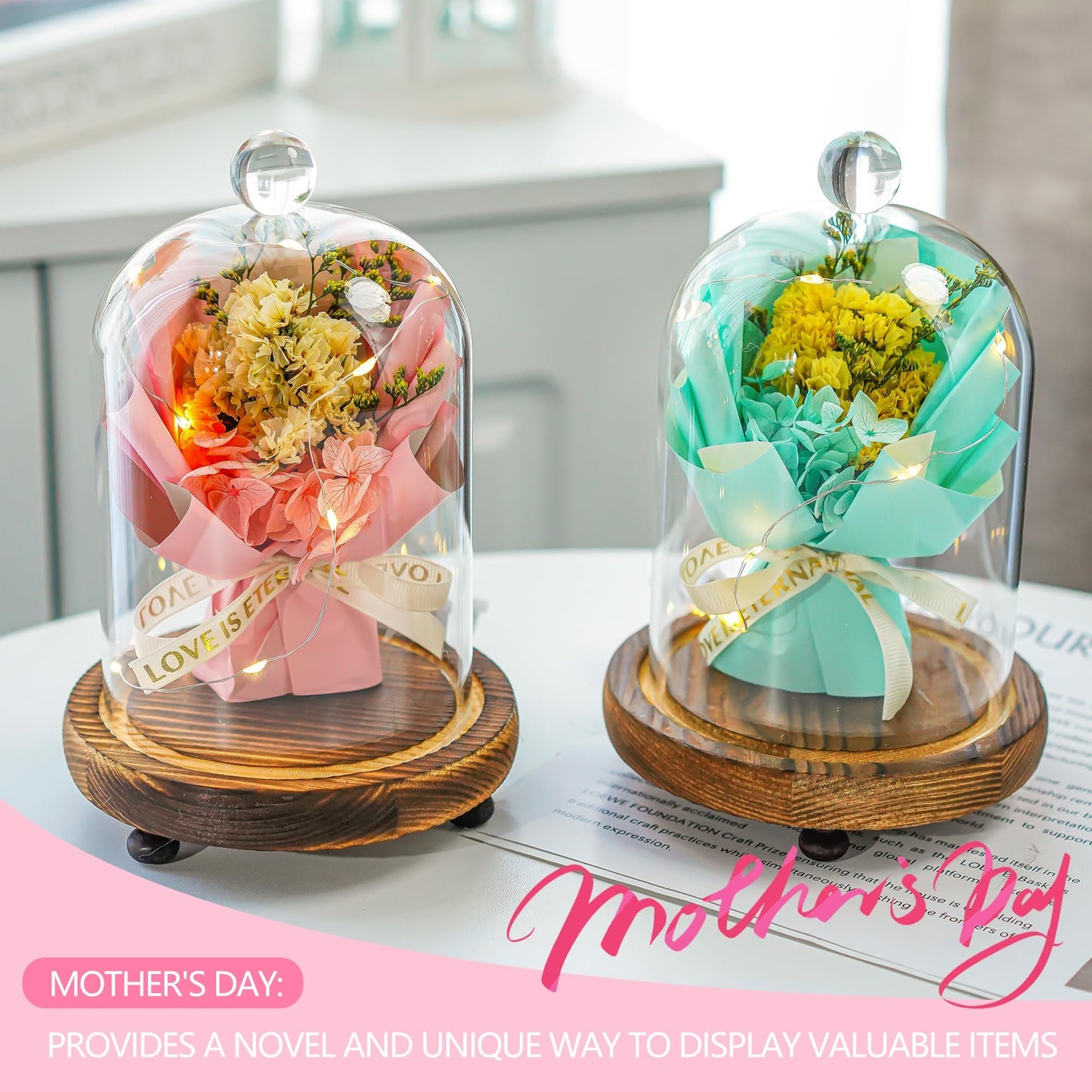 2 Pack Decorative Glass Cloche Bell Jars with Wooden Bases, 6.4" Tall Tabletop Accent Covers for Seasonal Centerpieces, Fairy Lights and Home Decor