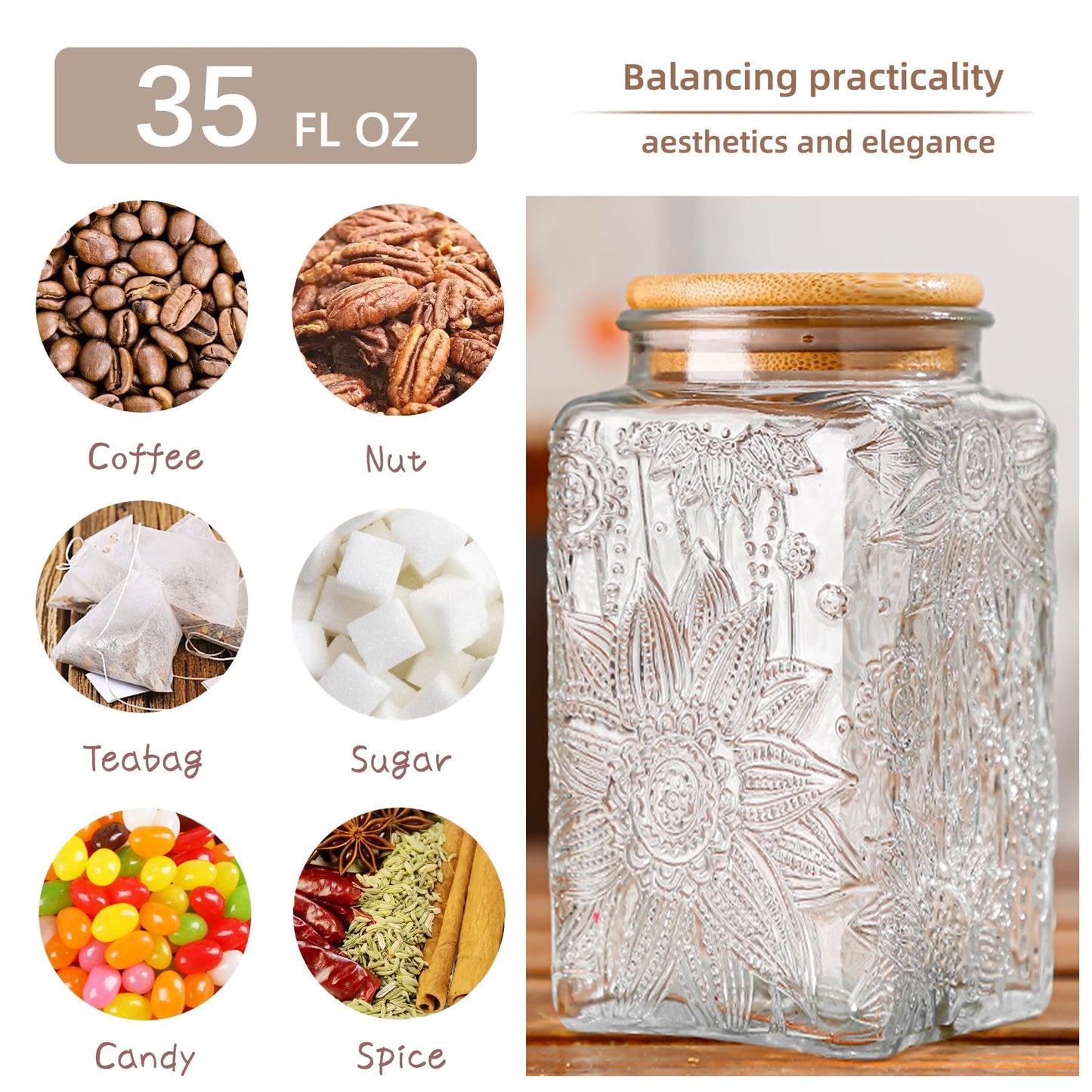 Custde Glass Storage Jars With Airtight Lid, 35oz Canister For Kitchen Counter with Bamboo Lid, brown sugar, candy, coffee, cookie, salt, tea,pantry cute Jar (Large Square Sunflower)