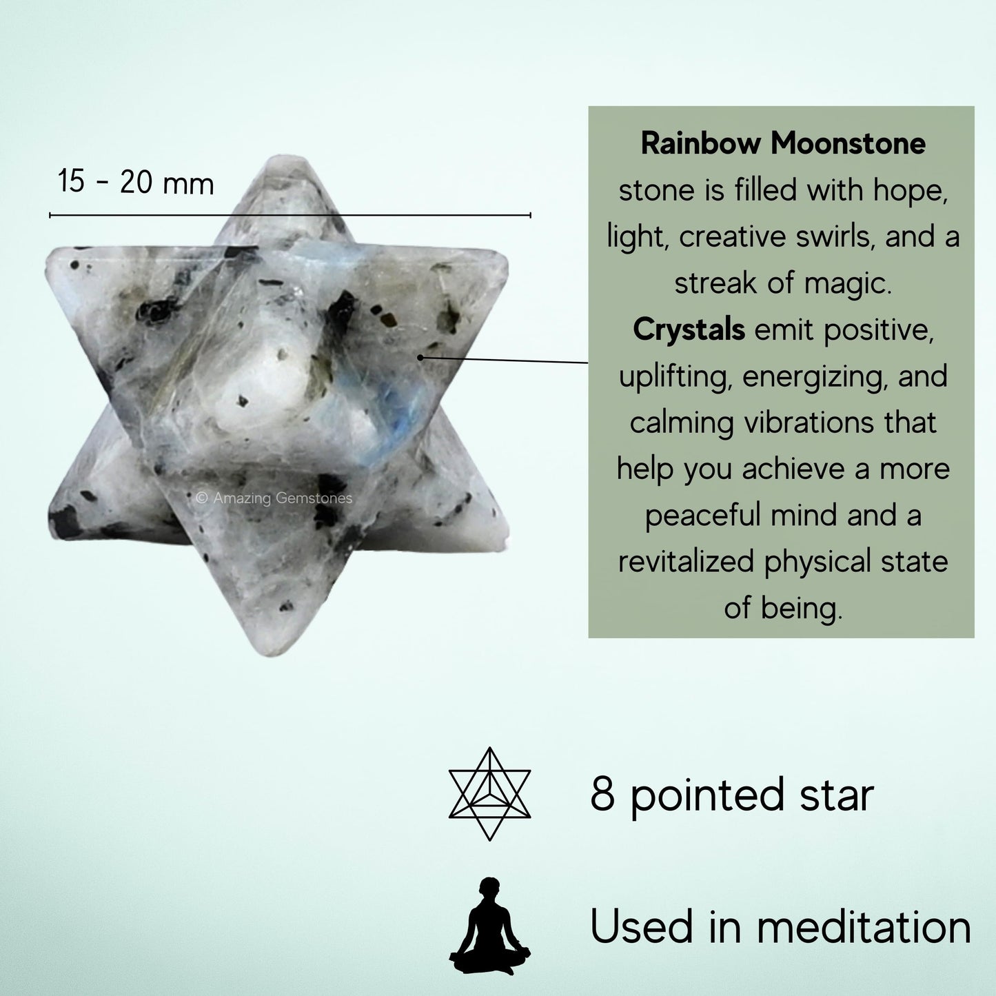 Amazing Gemstone Rainbow Moonstone Merkaba Crystal - 0.75 Inches Metaphysical Merkaba Star for Meditation - Energetic Tetrahedron Crystal and Healing Stones for Spiritual Growth and Healing (15-20mm)
