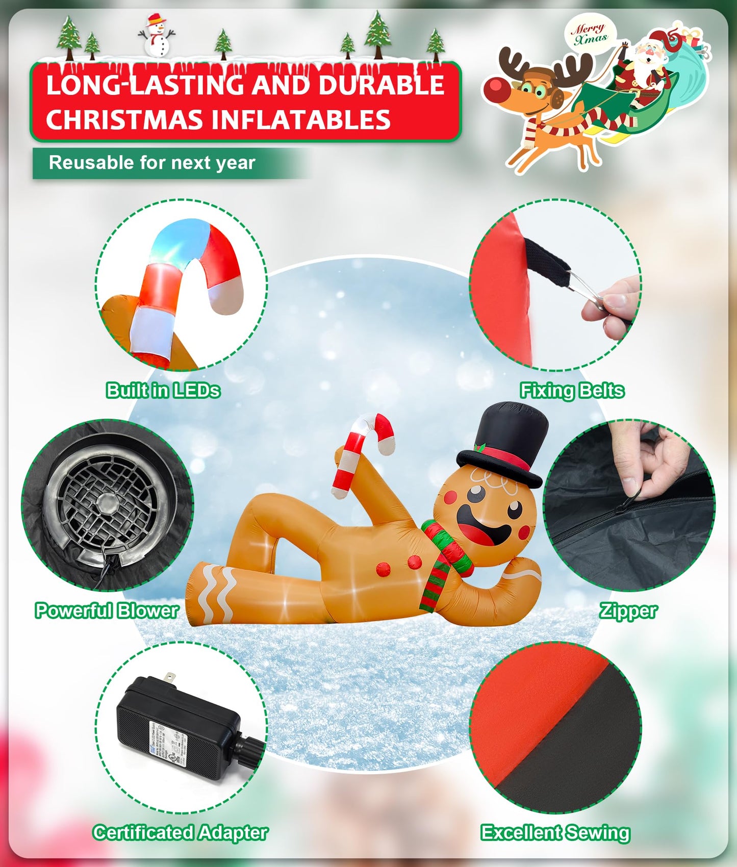 EAONE 10FT Christmas Inflatable Outdoor Decoration, Giant Christmas Blow Ups Yard Decorations Inflatable Gingerbread Man Lying Flat with Built-in LED Lights for Garden, Lawn, Home Xmas Holiday Decor