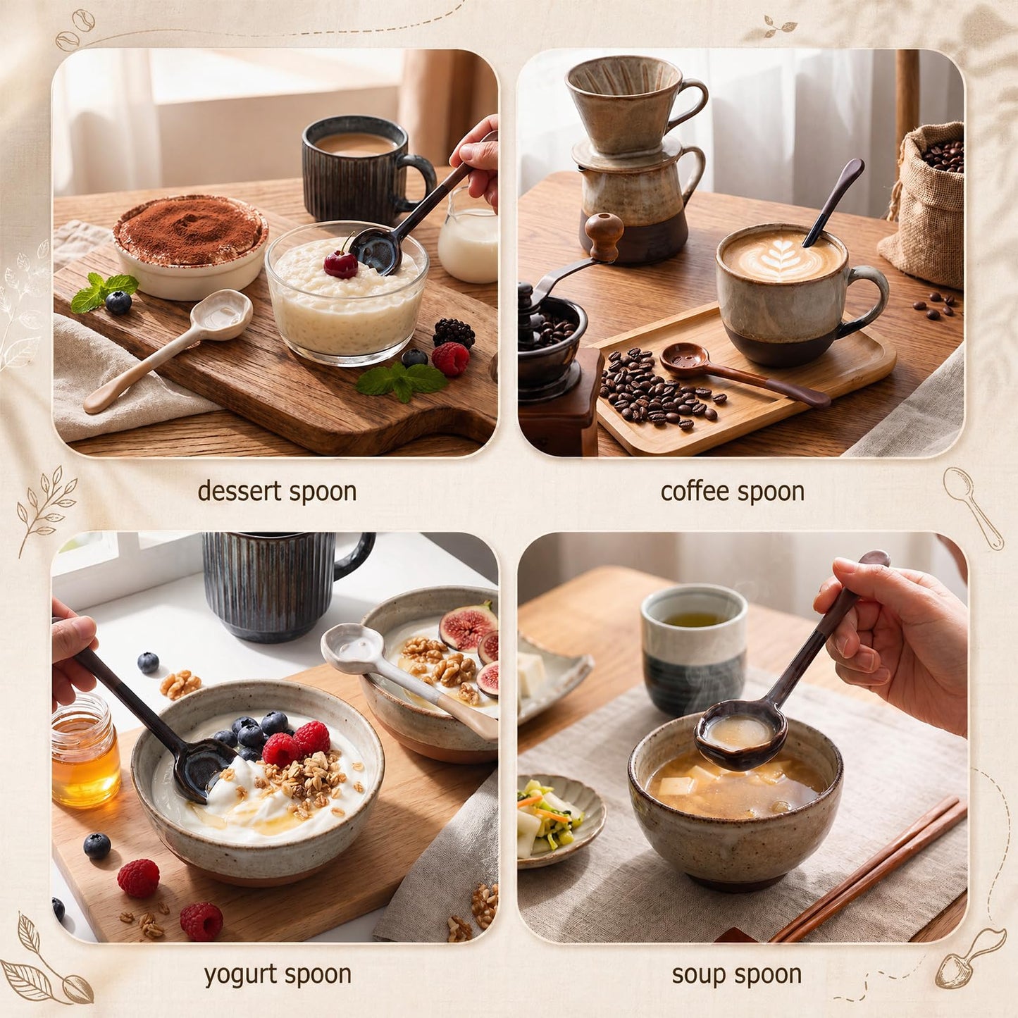 Ferrochef 4 Pack Ceramic Spoon Coffee Soup Whisk Handmade Tea Japanese Spoon Long-handle Vintage Coffee Tea Scoop for Loose Sugar and Spice Dessert (Vintage)