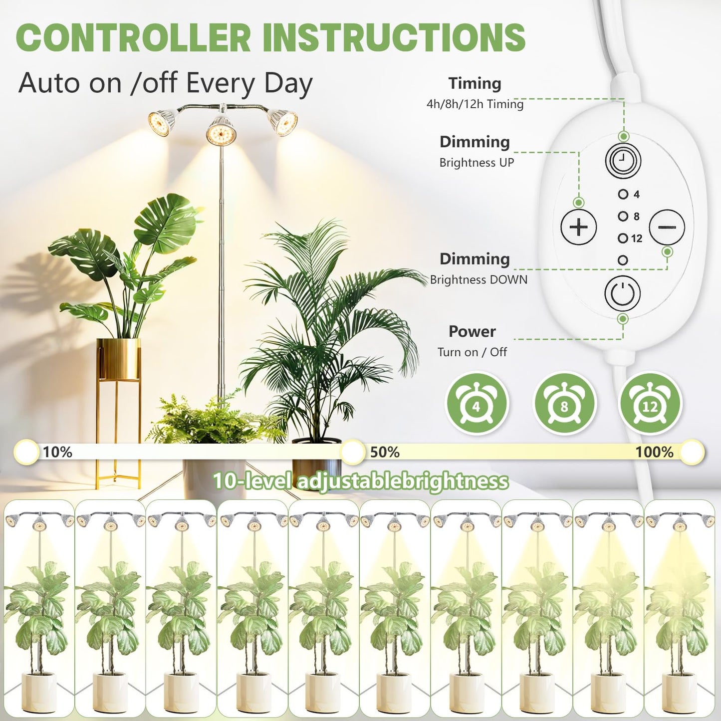 Full Spectrum Grow Lights for Indoor Plants, 3 Heads Aluminum Alloy Growing Lamps Covers More Plants, 15-62In Height Adjustable Plant Light with Detachable Tripod Stand, Auto On/Off Timer for Offices