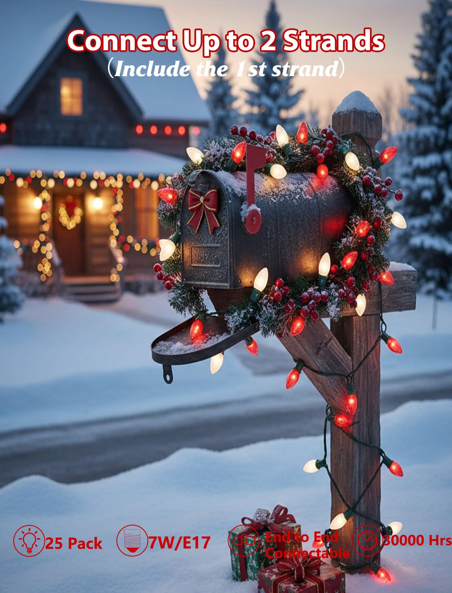 Pallerina 25ft C9 Red and White Christmas Lights,Waterproof C9 Christmas String Lights with 26 Red White Bulbs,Commercial Xmas Lights Outdoor for Garden House Xmas Garland Tree Decorations