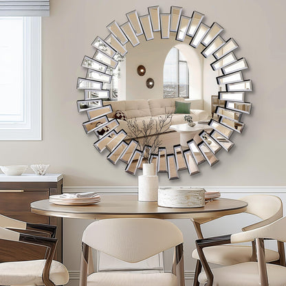 QDSSDECO Round Mirror Sunburst Wall Mirror 31.5" Beveled Edge Frameless for Living Room Bathroom Bedroom Entryway Decor