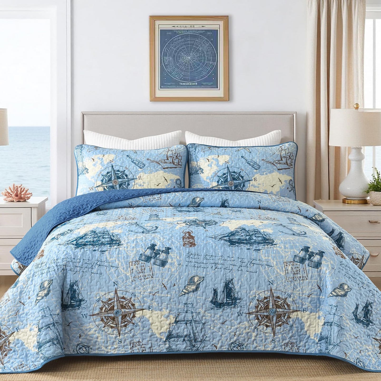 DJY Quilt Set King Size Ocean Bedspread Coverlet Set 3 Piece-Soft Lightweight Microfiber Nautical Beach Coastal Bedding Set for All Seasons 110"x90" (Include 1 Quilt, 2 Pillowcases)