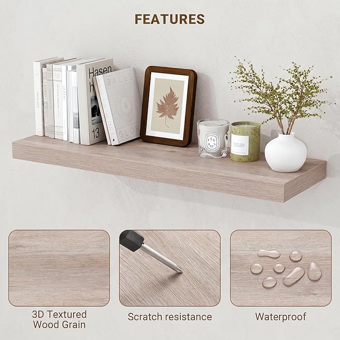 Acovy 16 Inch Floating Shelves, 3D Textured Wood Grain, Wooden Shelves