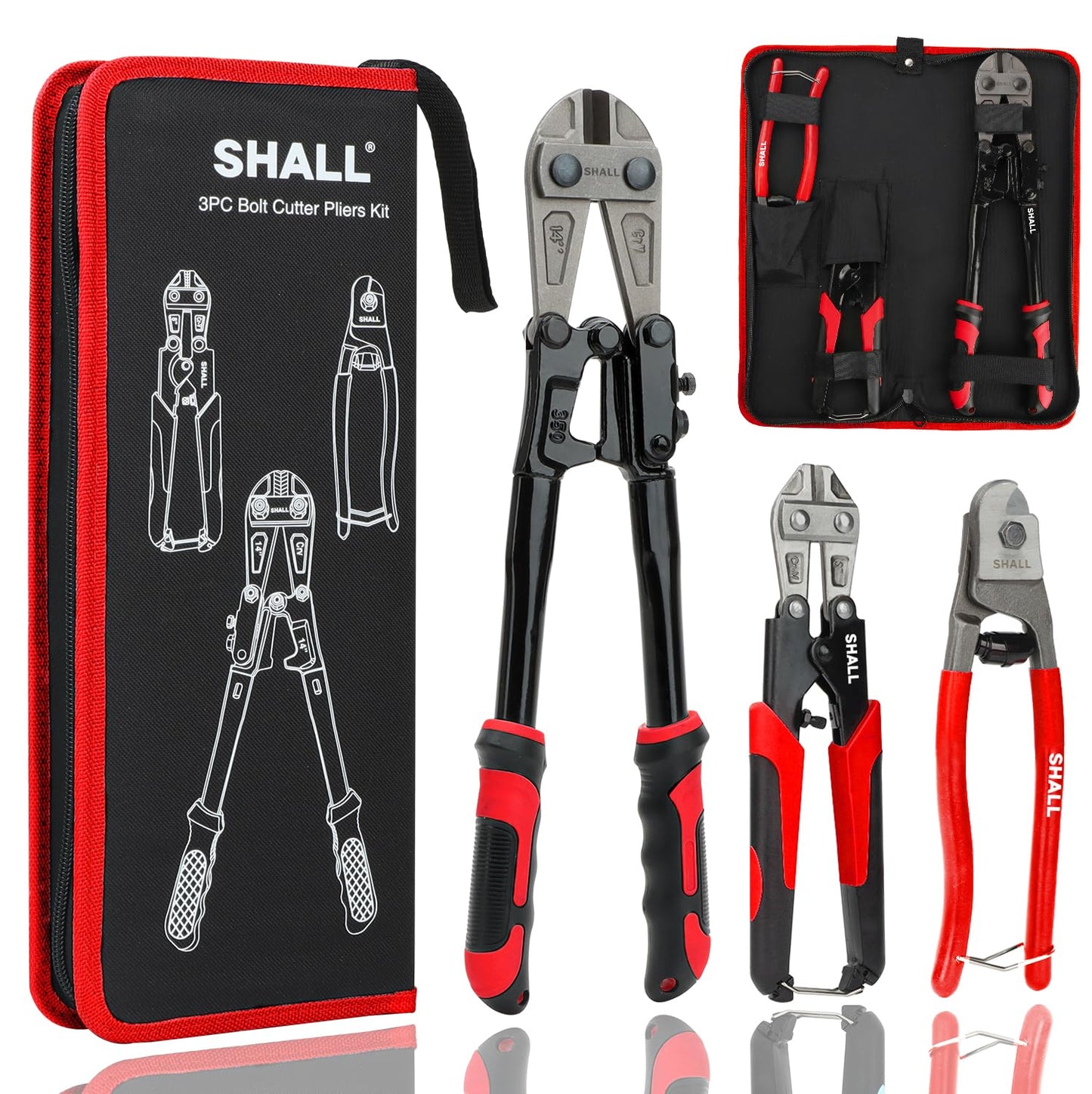 SHALL 3-Piece Bolt Cutters, 14" Heavy Duty Bolt Cutter, 8" Mini Bolt Cutter, 8" Wire Rope Cutter, Ergonomic Handle, More Efficient Leverage for Cutting Locks, Chains, Iron Wire, Carrying Case Included